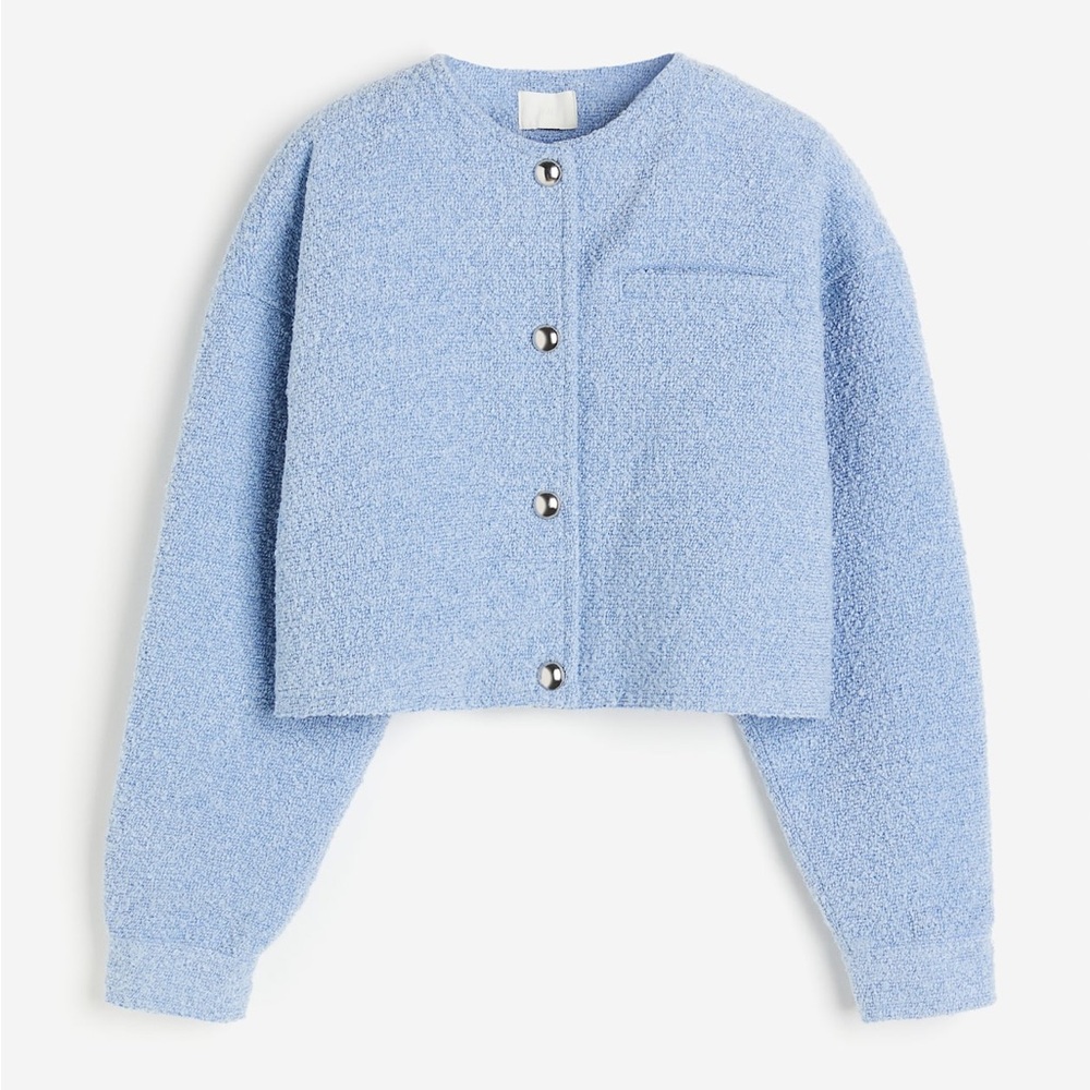 H&M Light Blue Oversized Button Front Short Jacket Lined Pocket Gold Buttons XXL